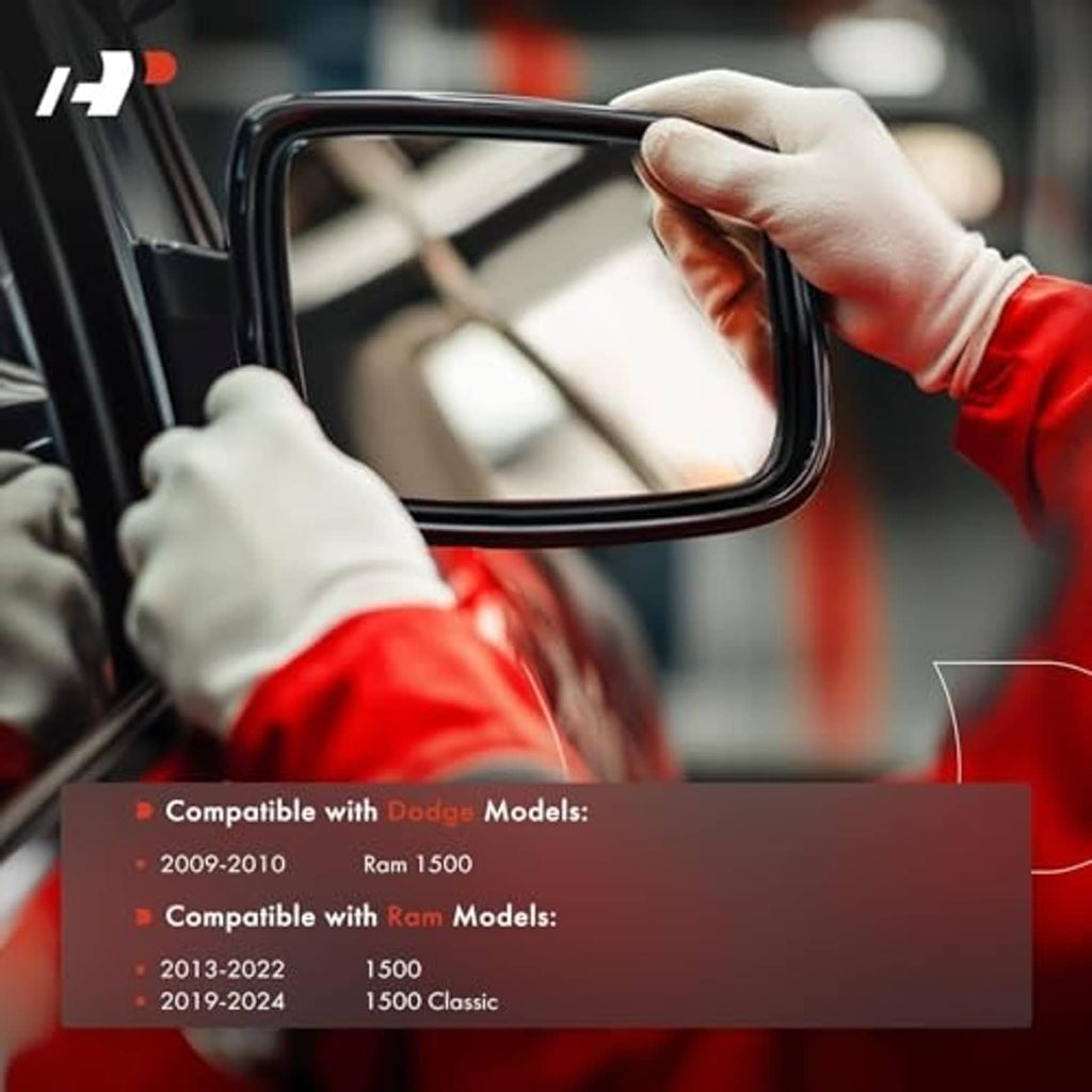 Heated side mirror glass panel in a hand for left driver-side replacement