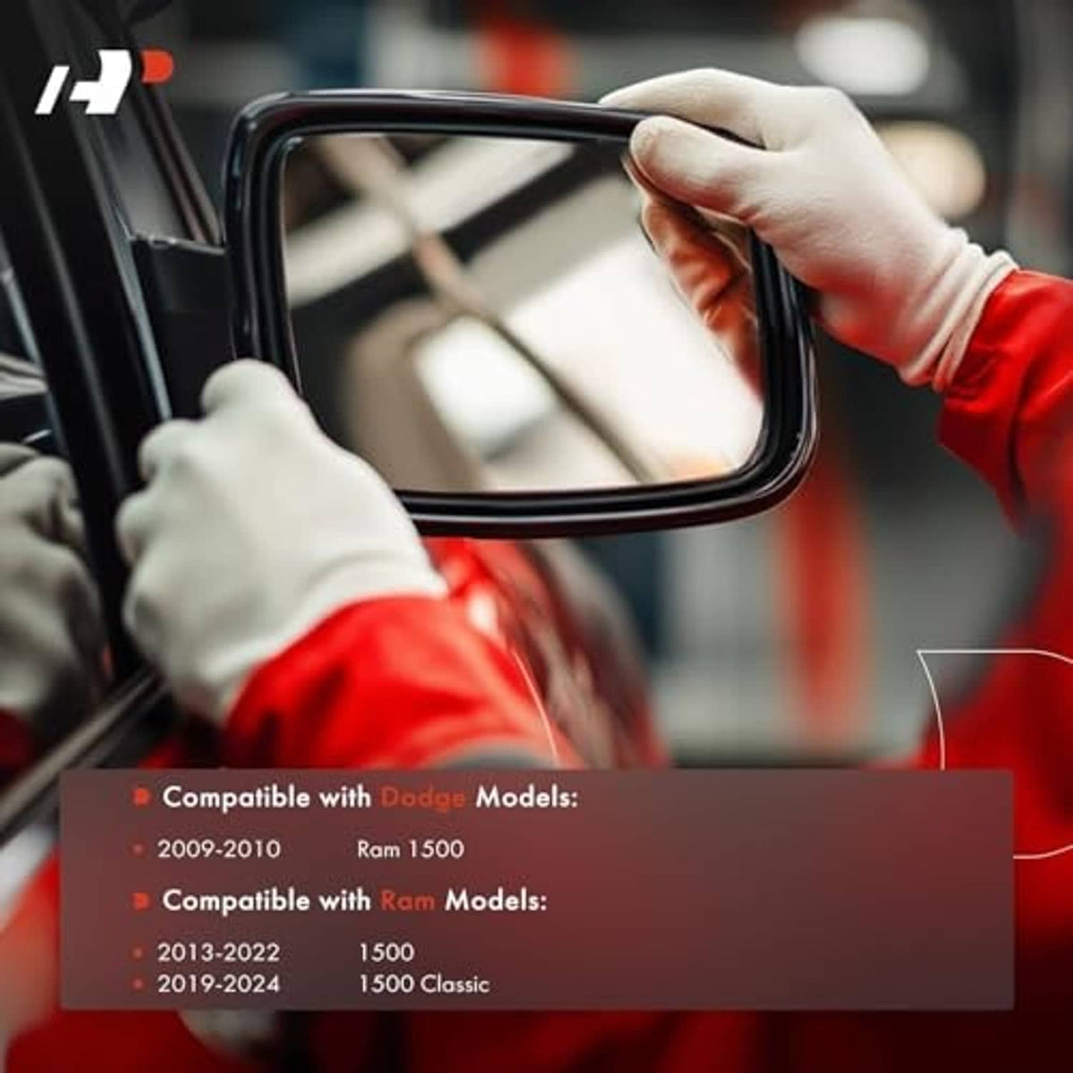 Heated side mirror glass panel in a hand for left driver-side replacement