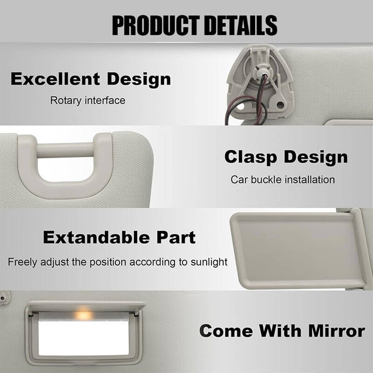 Gray sun visor with built-in lamp, rotary interface, and extendable panel