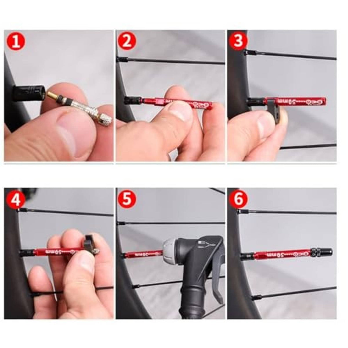 Hand installing a red tubeless valve extension on a bicycle rim