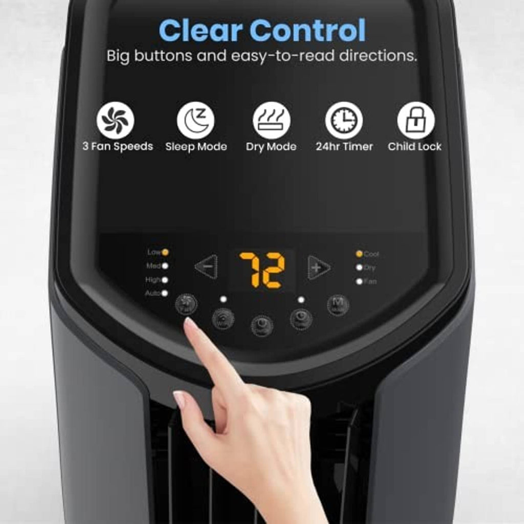 Portable AC control panel close-up with digital display, icons, and touch-ready buttons