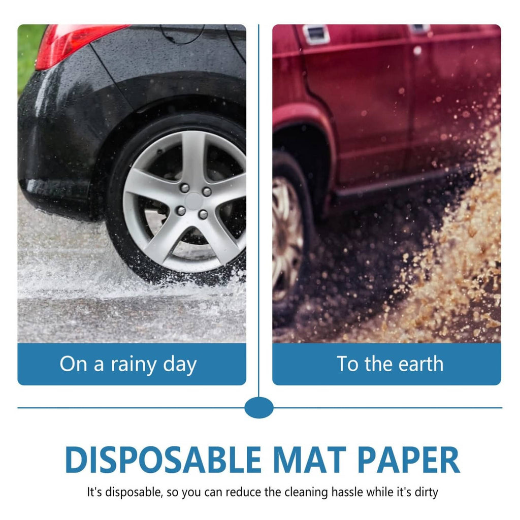Disposable paper foot mat graphic with black footprint icons in a two-part panel