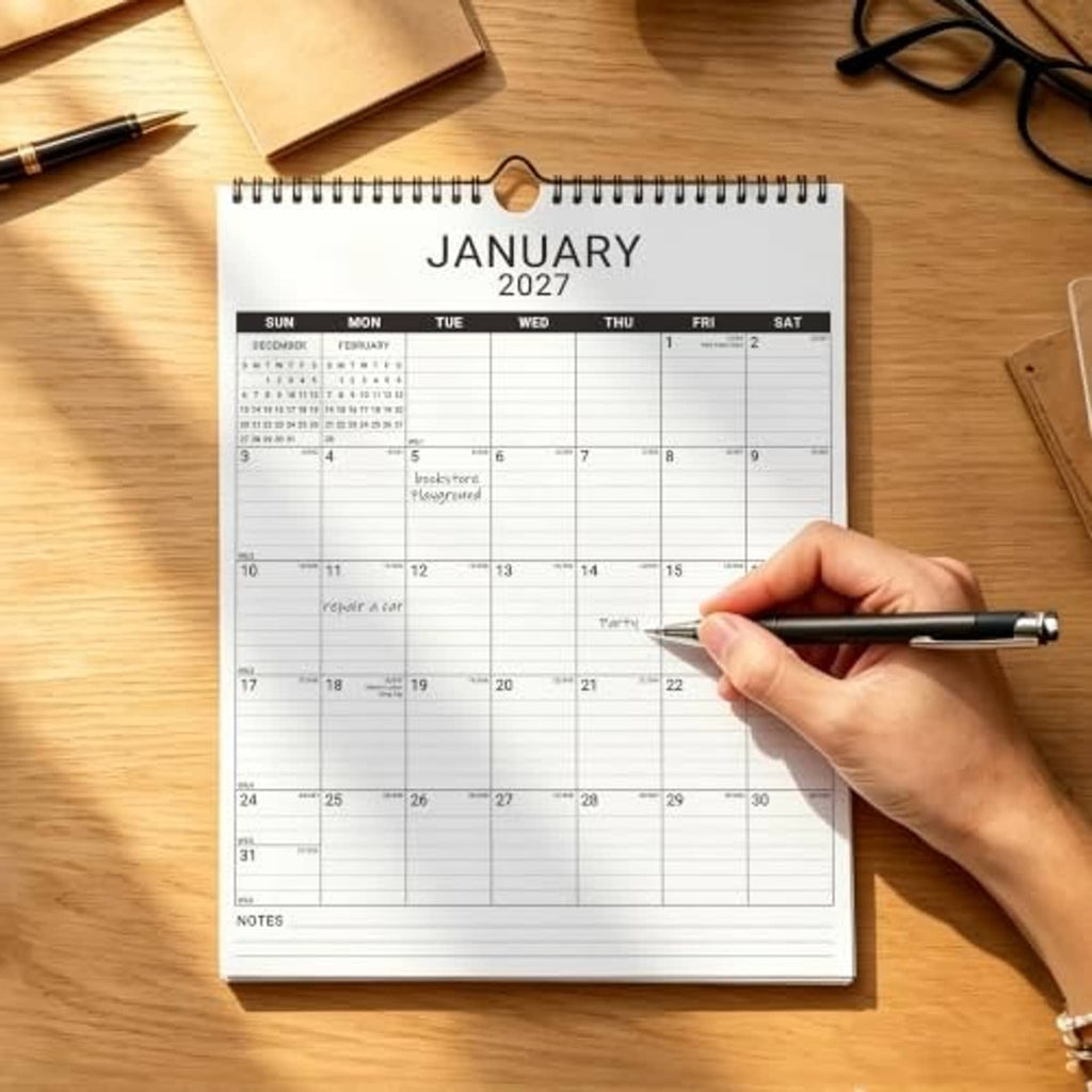White January 2026 calendar page on a desk with pen writing space