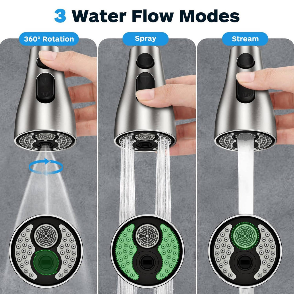 Brushed nickel faucet sprayer head with three water flow mode settings