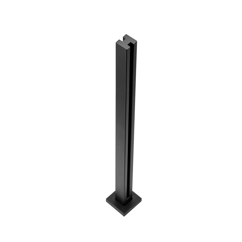 Black glass railing post clamp with square top cover and square base, front view