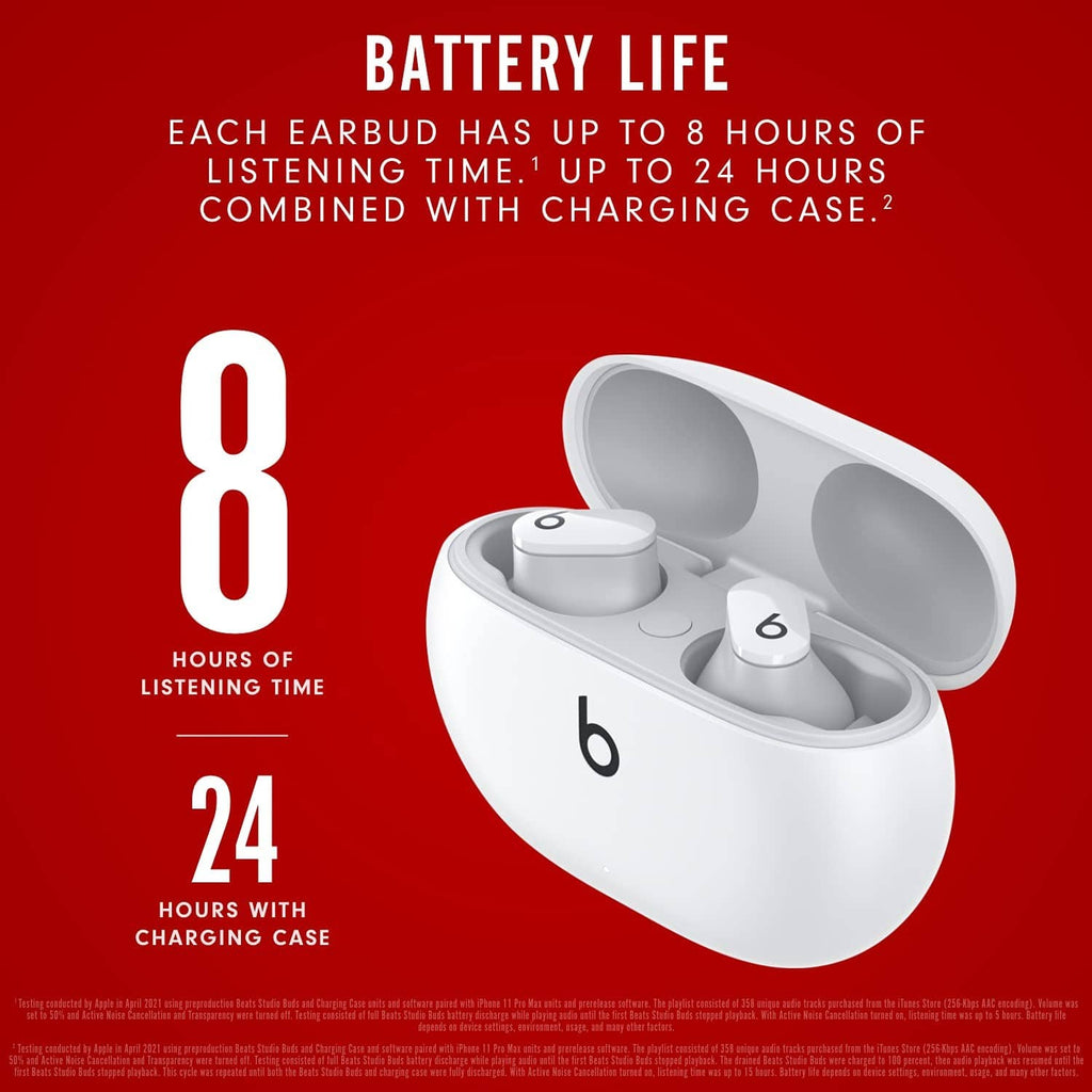 White true wireless earbuds inside white charging case, compact charging ports