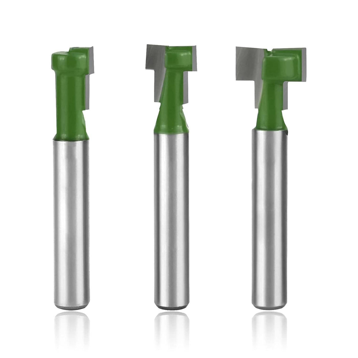 Three-piece keyhole router bit set arranged side by side with green heads