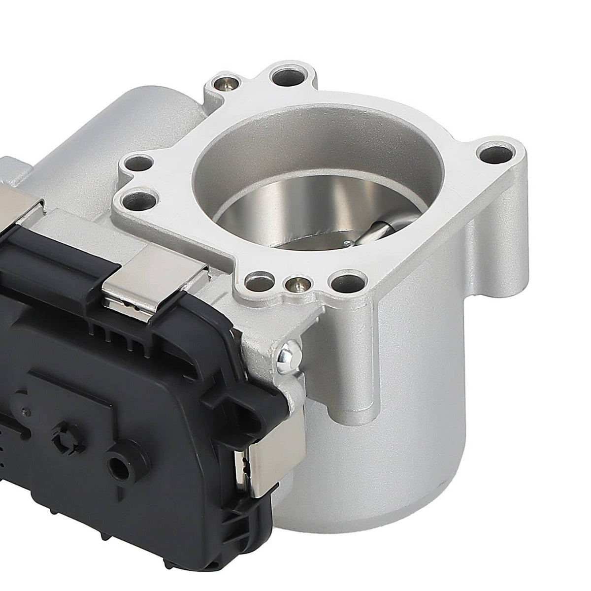 Electronic throttle body with round bore, mounting holes, and black actuator connector