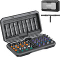 Open 42-in-1 magnetic ratchet screwdriver set with T-handle and colorful bit tips in case