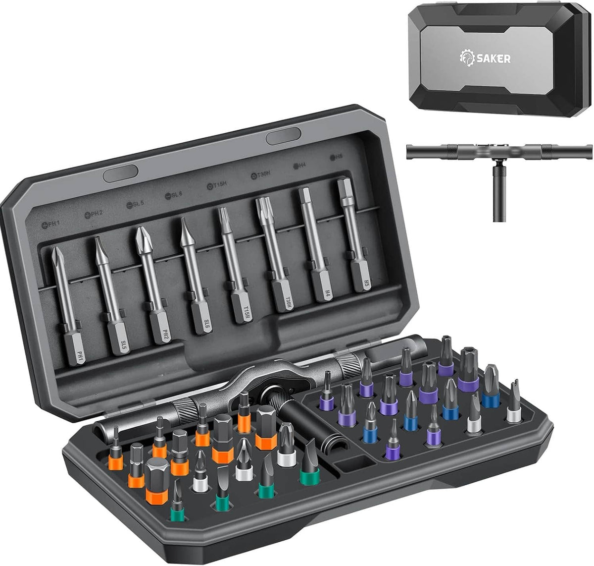 Open 42-in-1 magnetic ratchet screwdriver set with T-handle and colorful bit tips in case