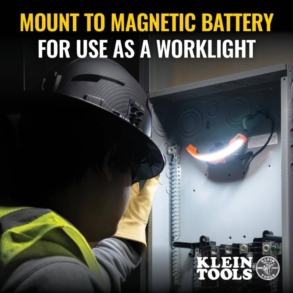 Rechargeable LED headlamp mounted on a hard hat, illuminating a work area