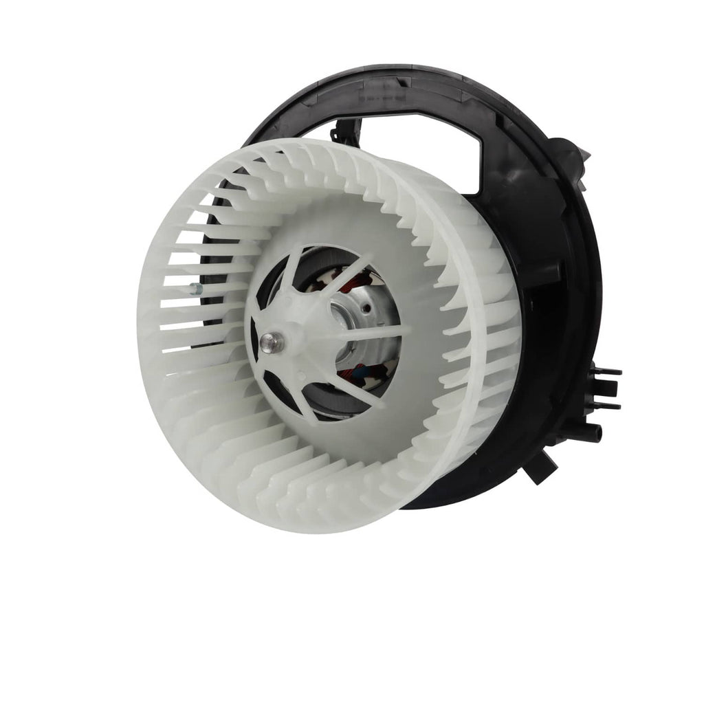 HVAC blower motor with white fan wheel and black housing, angled front view