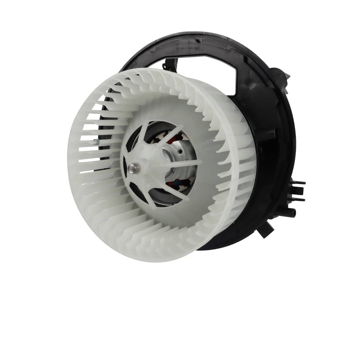 HVAC blower motor with white fan wheel and black housing, angled front view