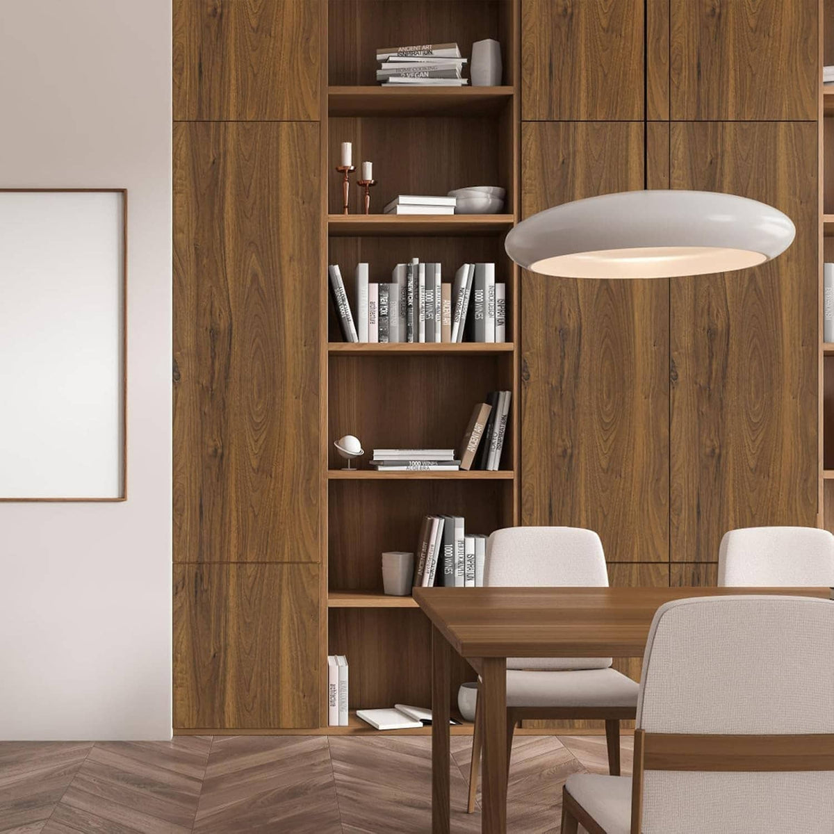 Wood grain contact paper covering a built-in shelving wall and chair area