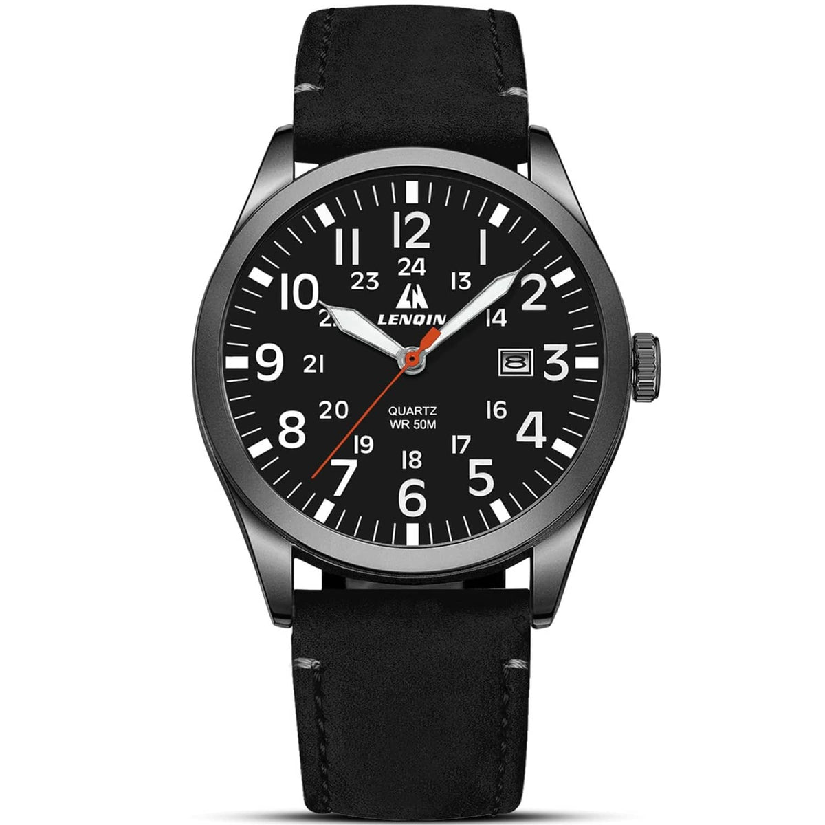Mens analog sport watch with black dial and black leather strap, silver metal case