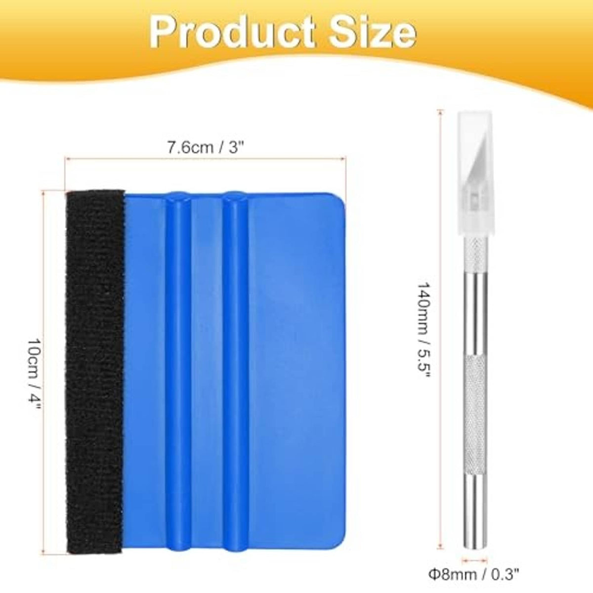 Blue felt-edged vinyl squeegee size diagram with pad width and handle length