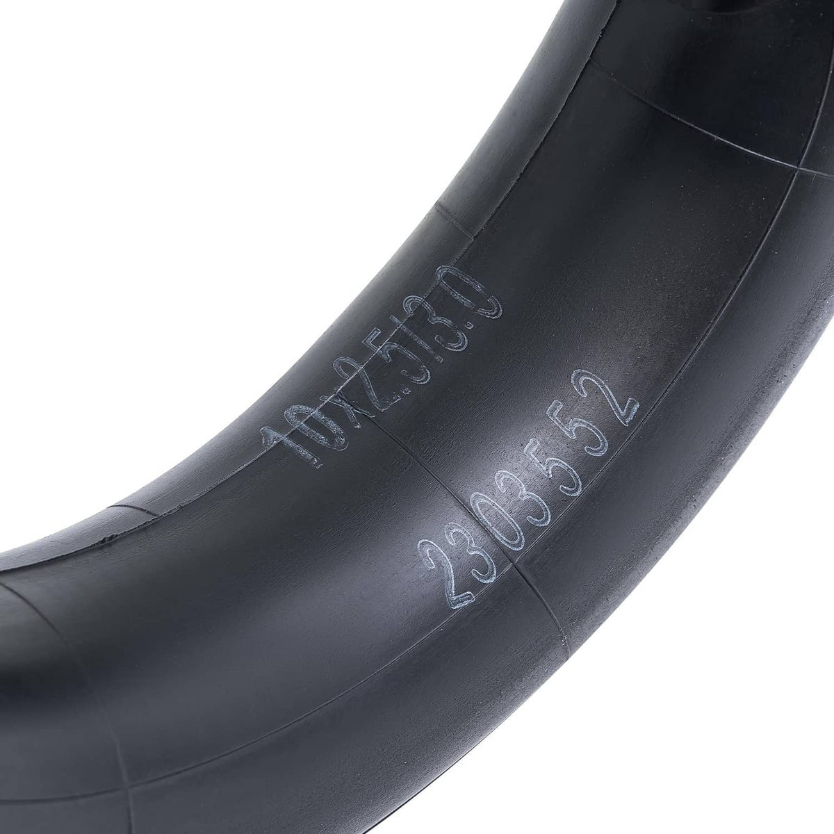 Black rubber inner tube with embossed sidewall markings and blue rim stripe