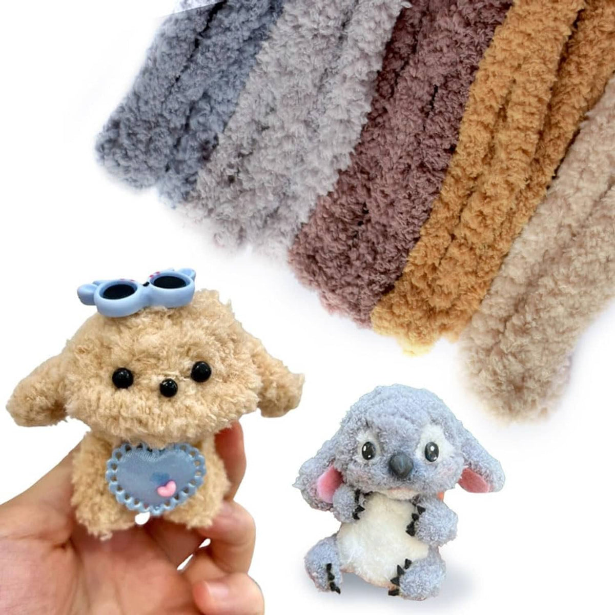 Chenille pipe cleaner crafting set featuring a beige bear plush and light blue bunny plush