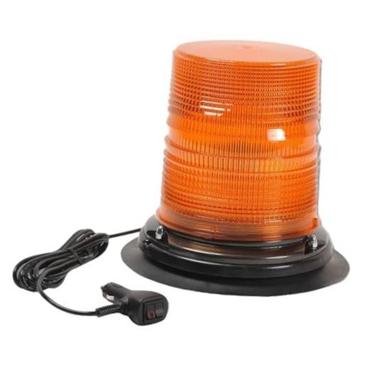 Orange multi-lens LED emergency beacon with black base and power cable switch