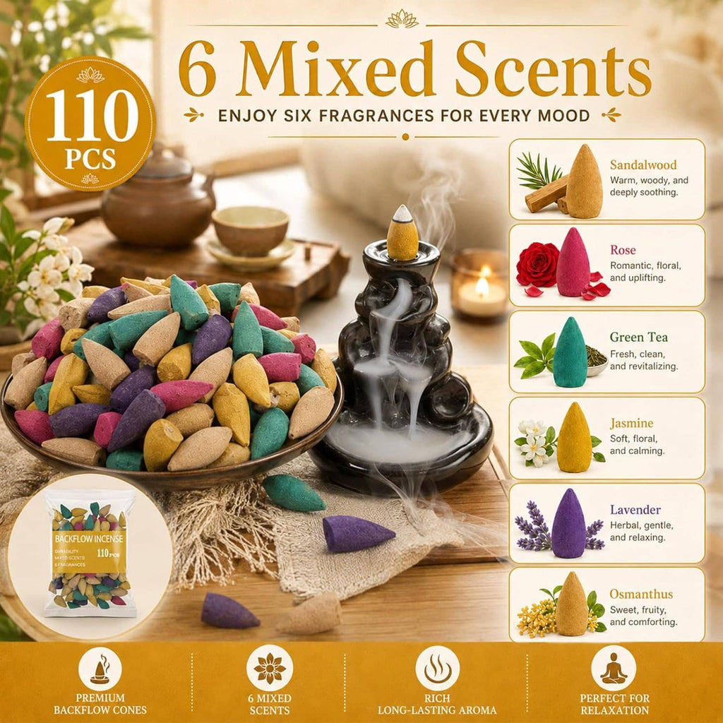 Backflow incense cone set with colorful cones and black burner on display