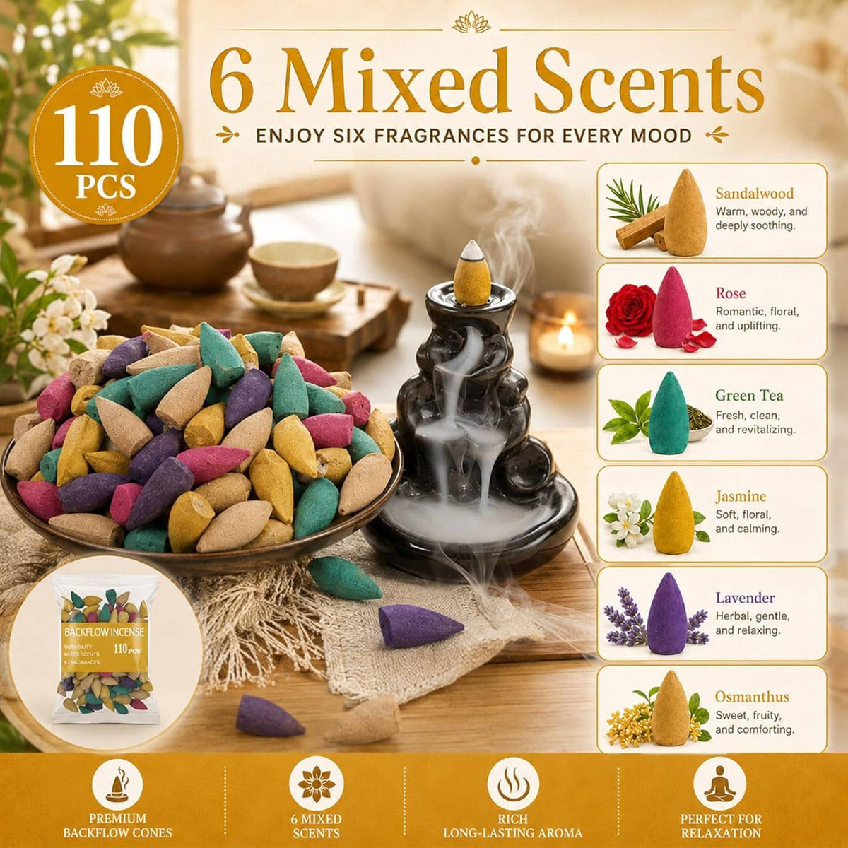 Backflow incense cone set with colorful cones and black burner on display