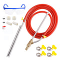 Sandblasting kit components: red braided hose, metal lance, quick connectors, and seals