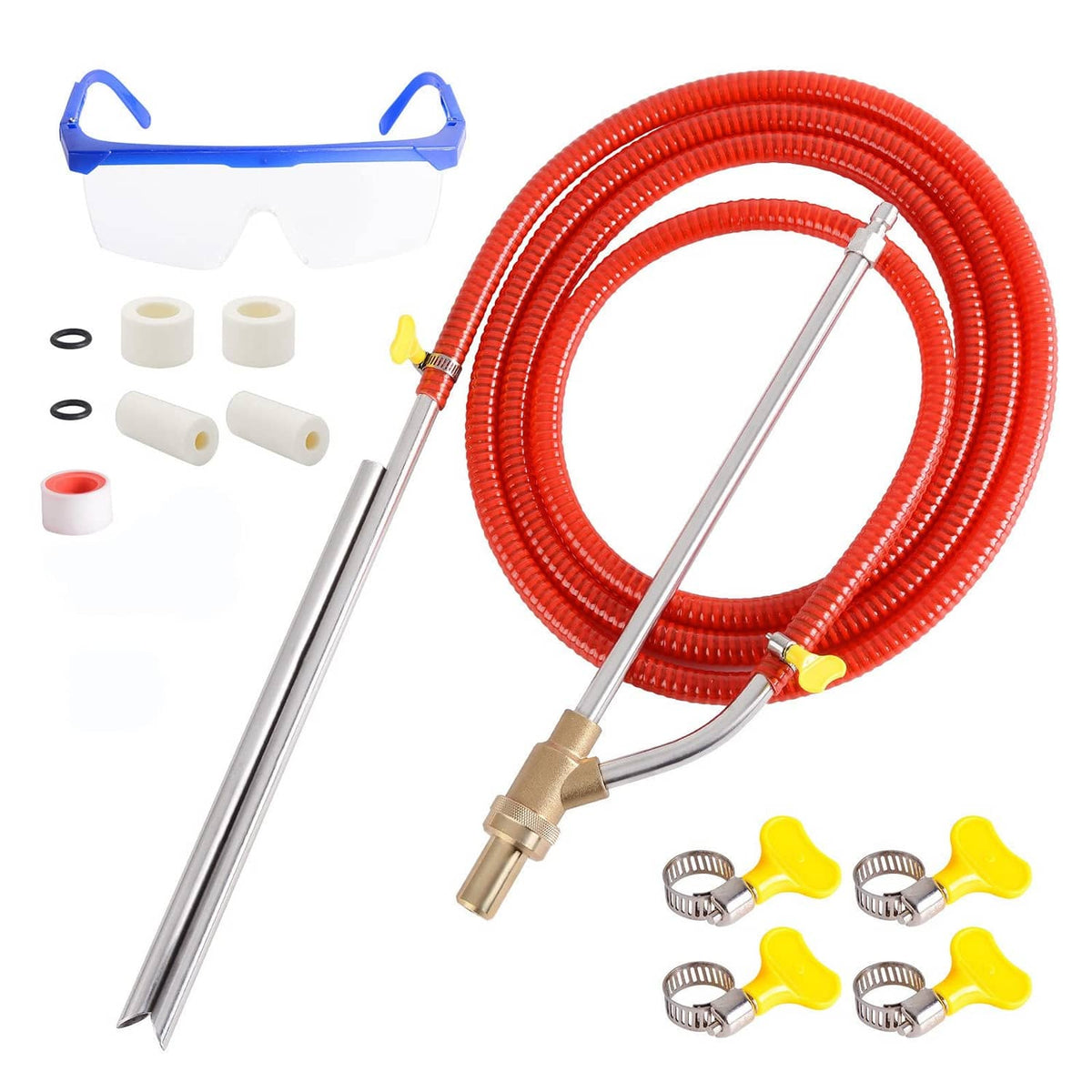 Sandblasting kit components: red braided hose, metal lance, quick connectors, and seals