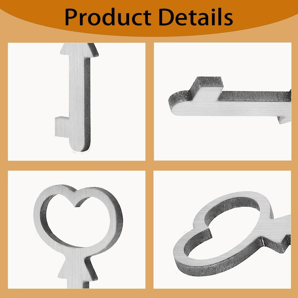Brushed silver metal key close-ups showing heart-shaped heads and tooth ends