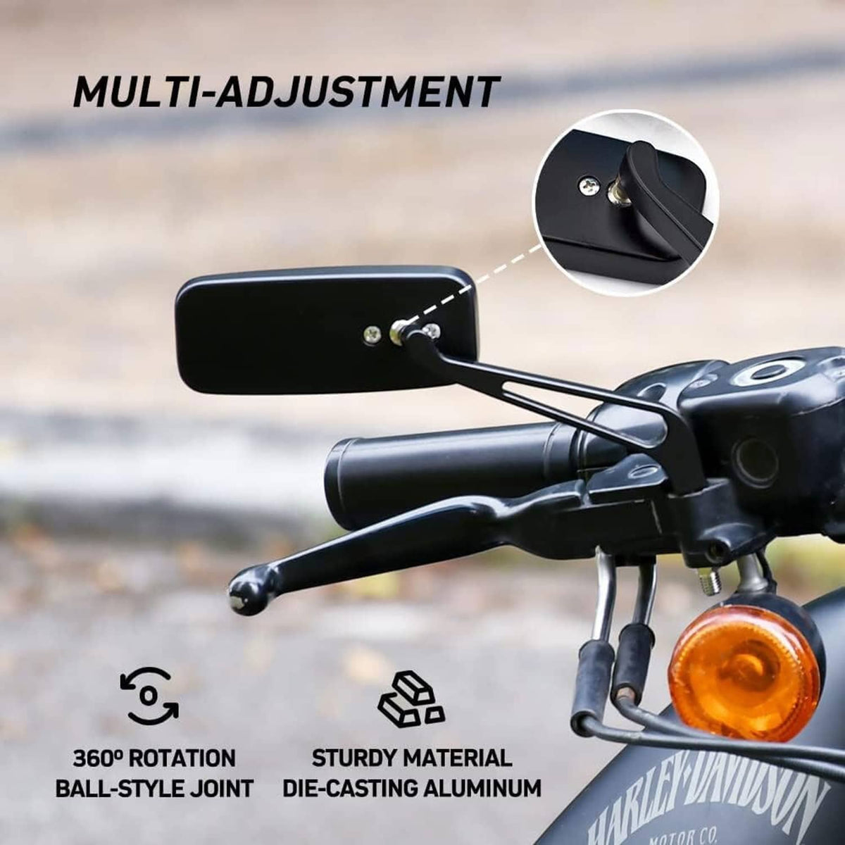 Rectangular mirror with adjustable ball-joint and black frame, plus mounting parts