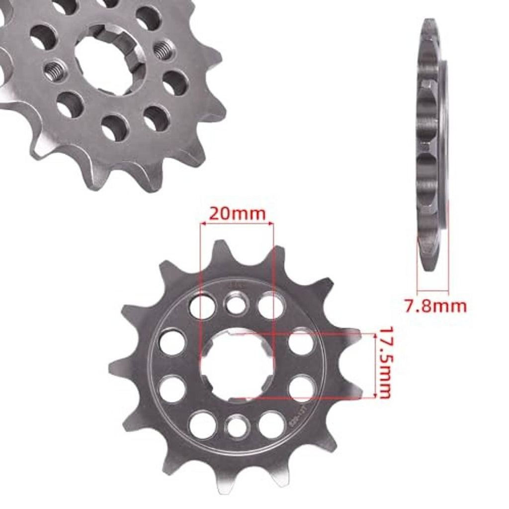 13-tooth front sprocket for 520 chain, dark gray steel with dimension markings