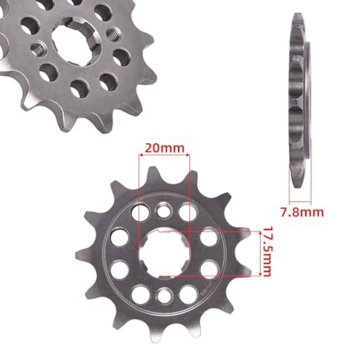 13-tooth front sprocket for 520 chain, dark gray steel with dimension markings