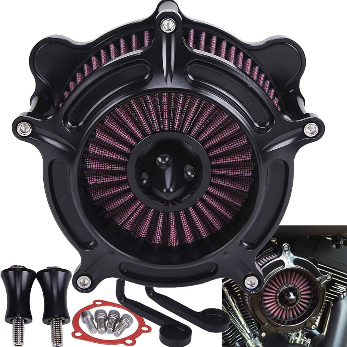 Black air cleaner intake filter kit with round dual cone filters and hardware parts
