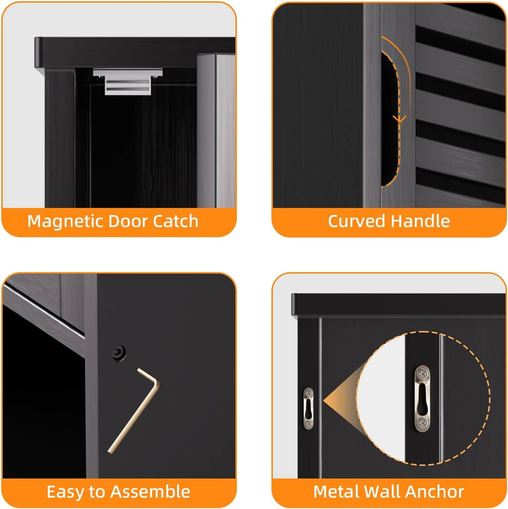 Bathroom cabinet features: magnetic door catch, curved handle, and wall anchors