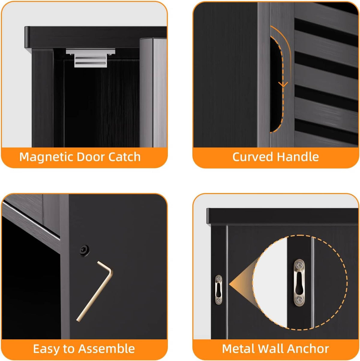 Bathroom cabinet features: magnetic door catch, curved handle, and wall anchors