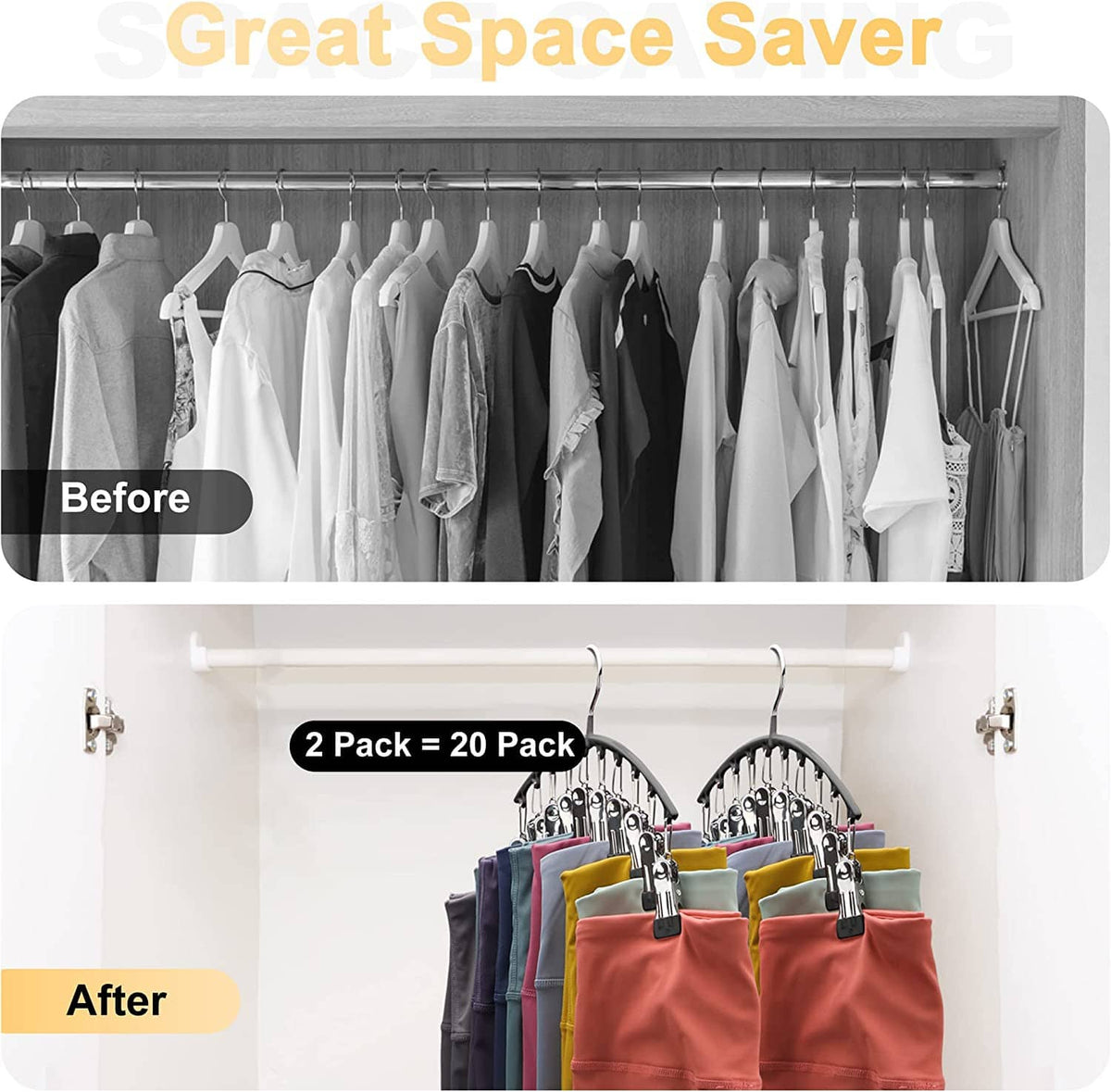 Set of arched legging organizer hangers with clips holding folded pants
