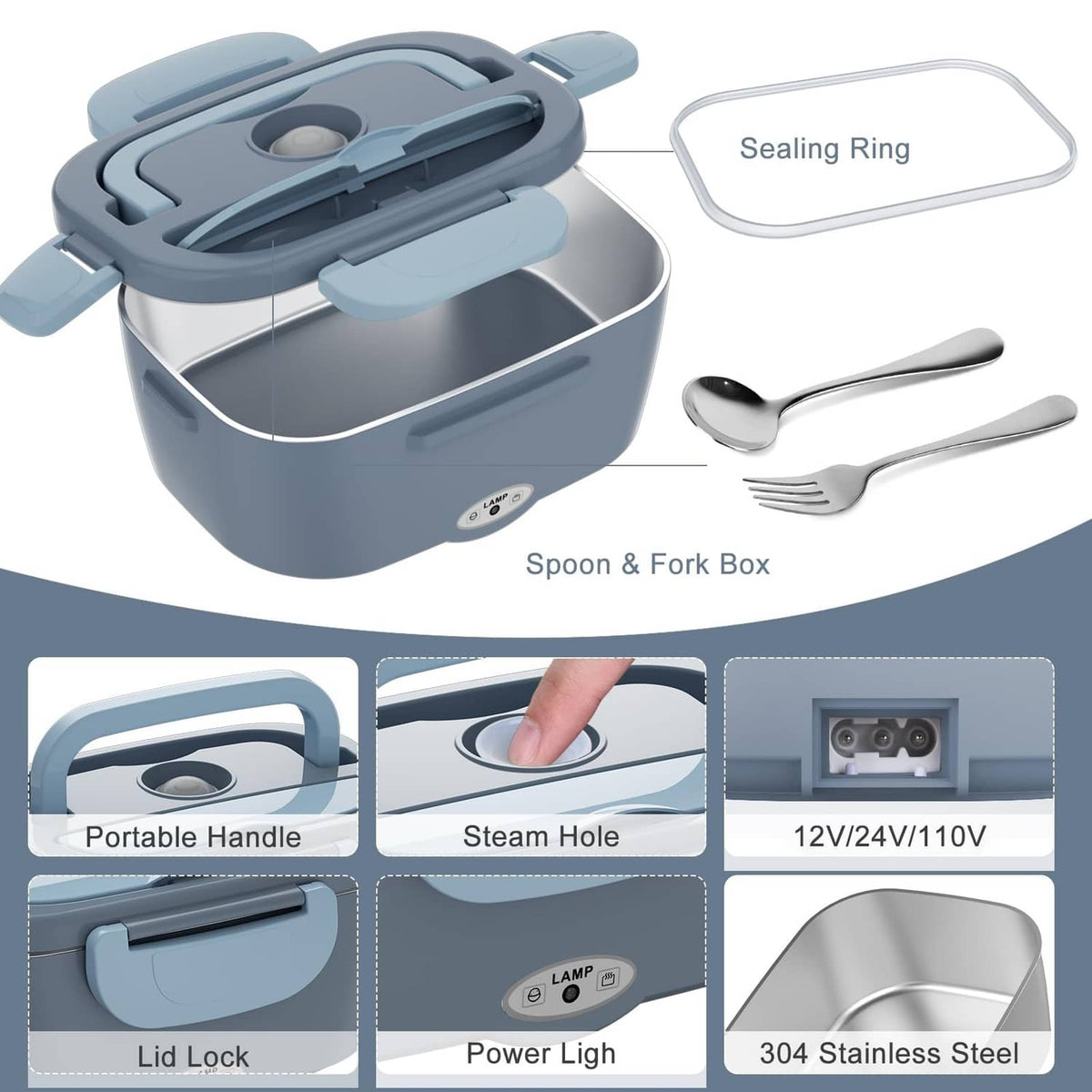 Light blue electric lunch box with sealing ring, spoon & fork box, and utensils