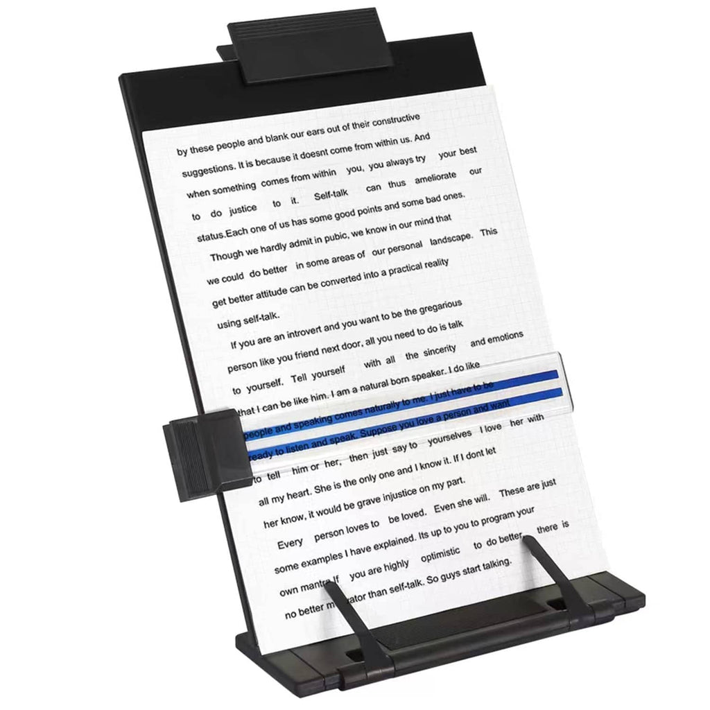 Black metal desktop document holder stand with paper clamp holding a sheet stack