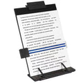 Black metal desktop document holder stand with paper clamp holding a sheet stack