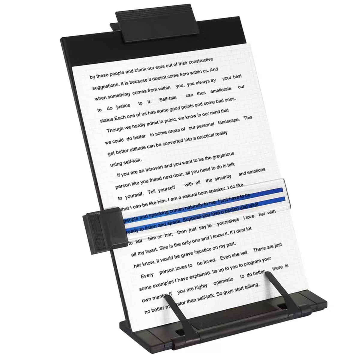 Black metal desktop document holder stand with paper clamp holding a sheet stack