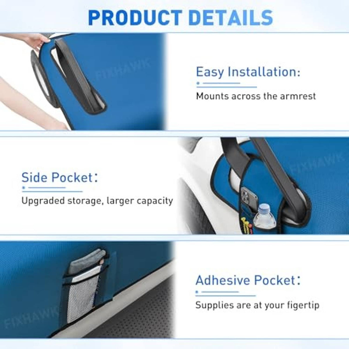 Blue golf cart seat blanket with side pocket and adhesive pocket sections