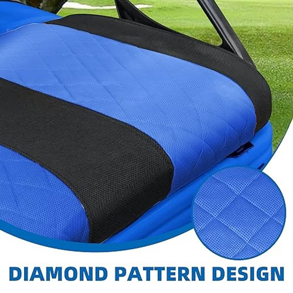 Diamond pattern blue seat cushion with textured black armrest-style side strip