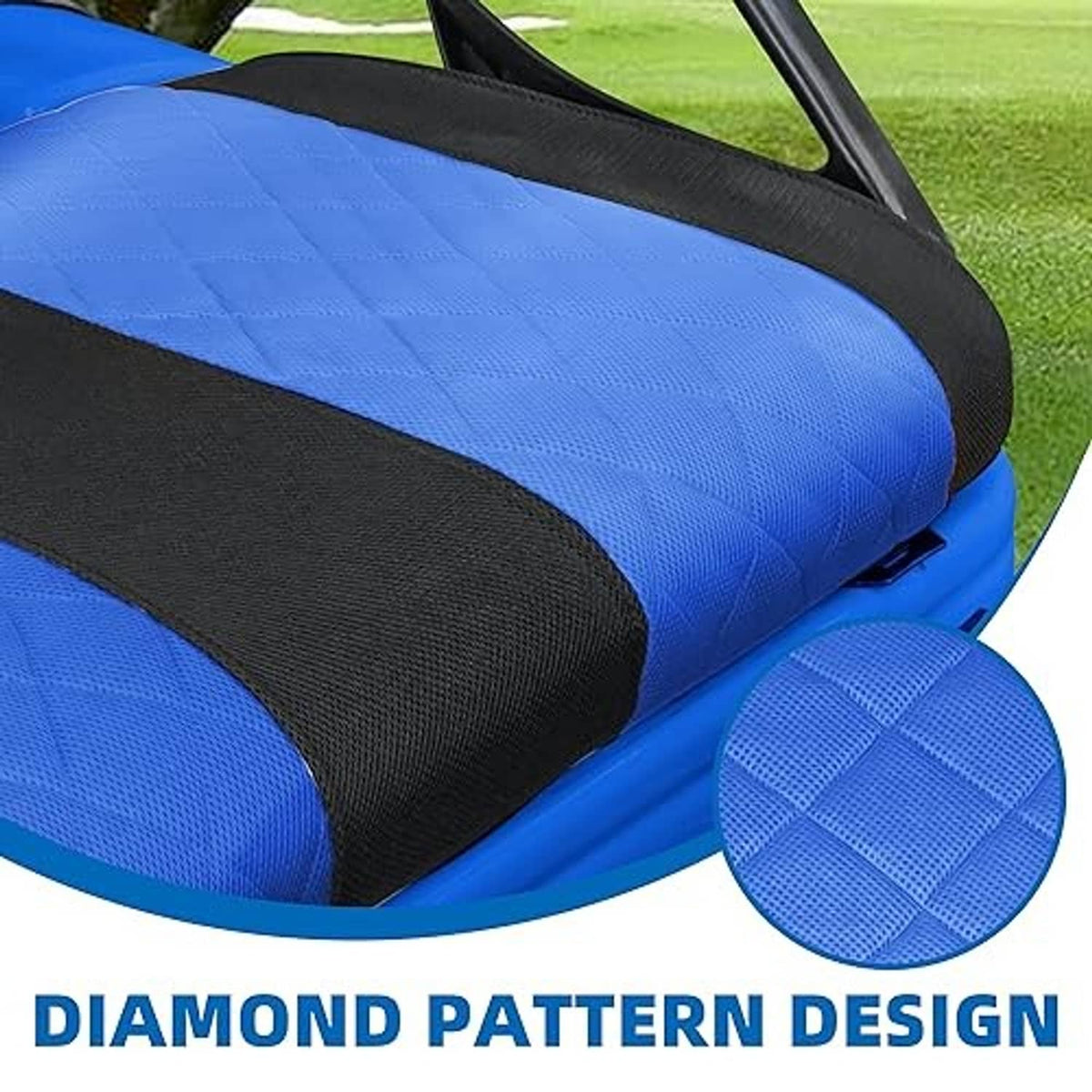 Diamond pattern blue seat cushion with textured black armrest-style side strip