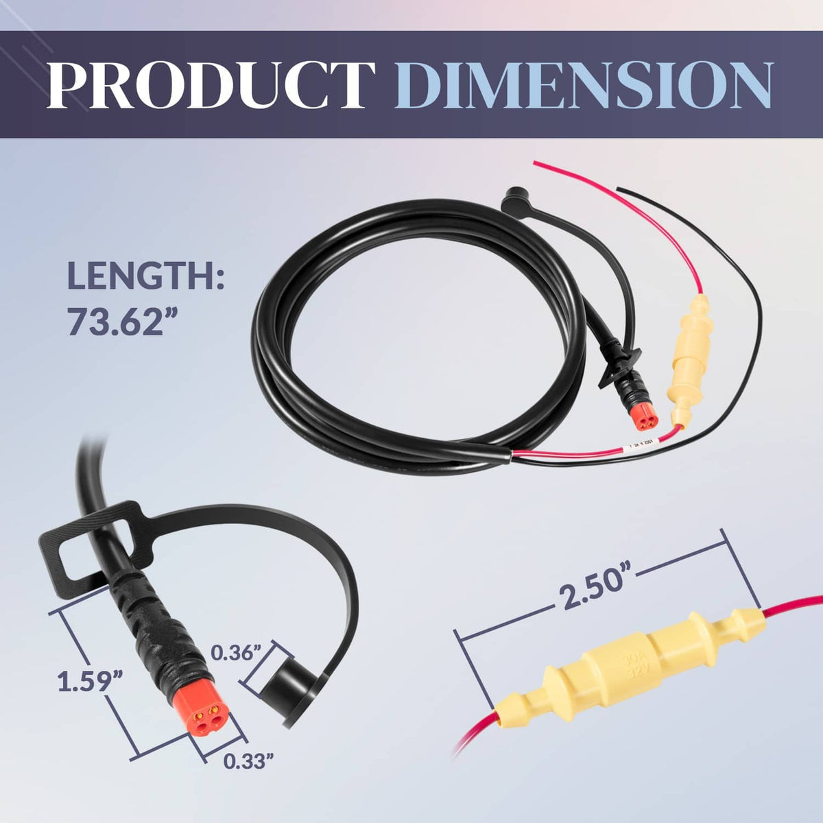Black power cable with 4-pin plug and yellow inline connector; length and size marked.