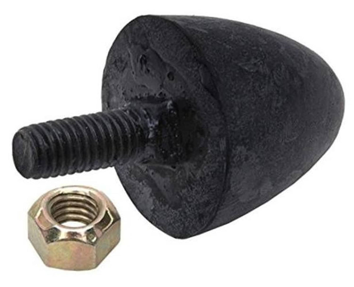 Front lower control arm bumper: dark rubber boot with threaded stud and hex nut.