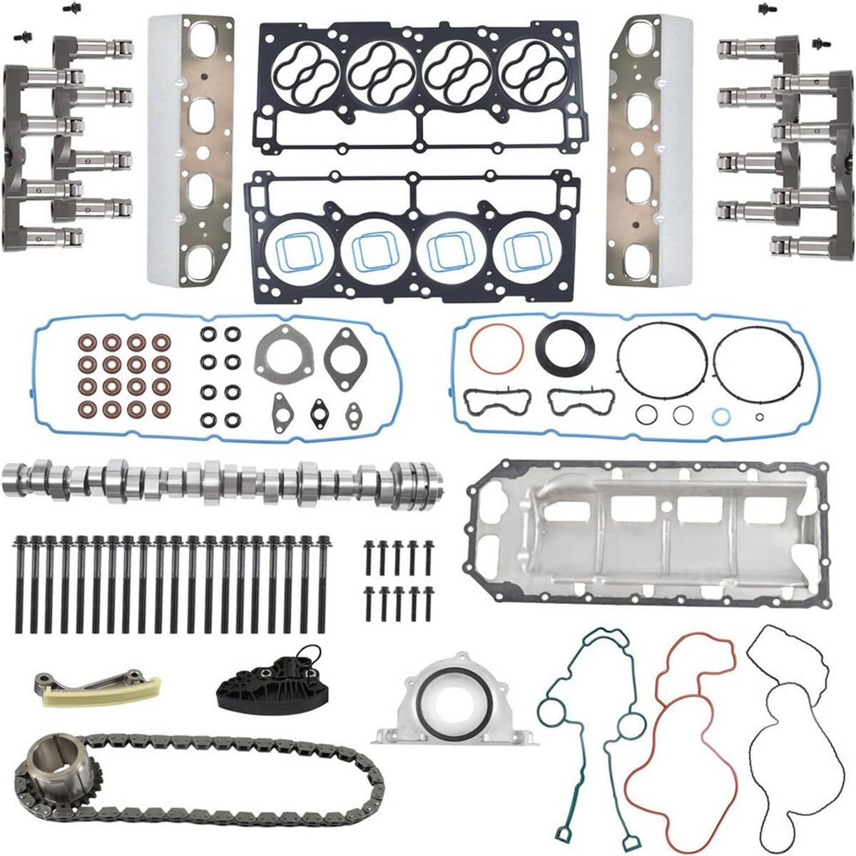 Engine timing camshaft and lifter kit with valve cover gaskets, bolts, and seal parts