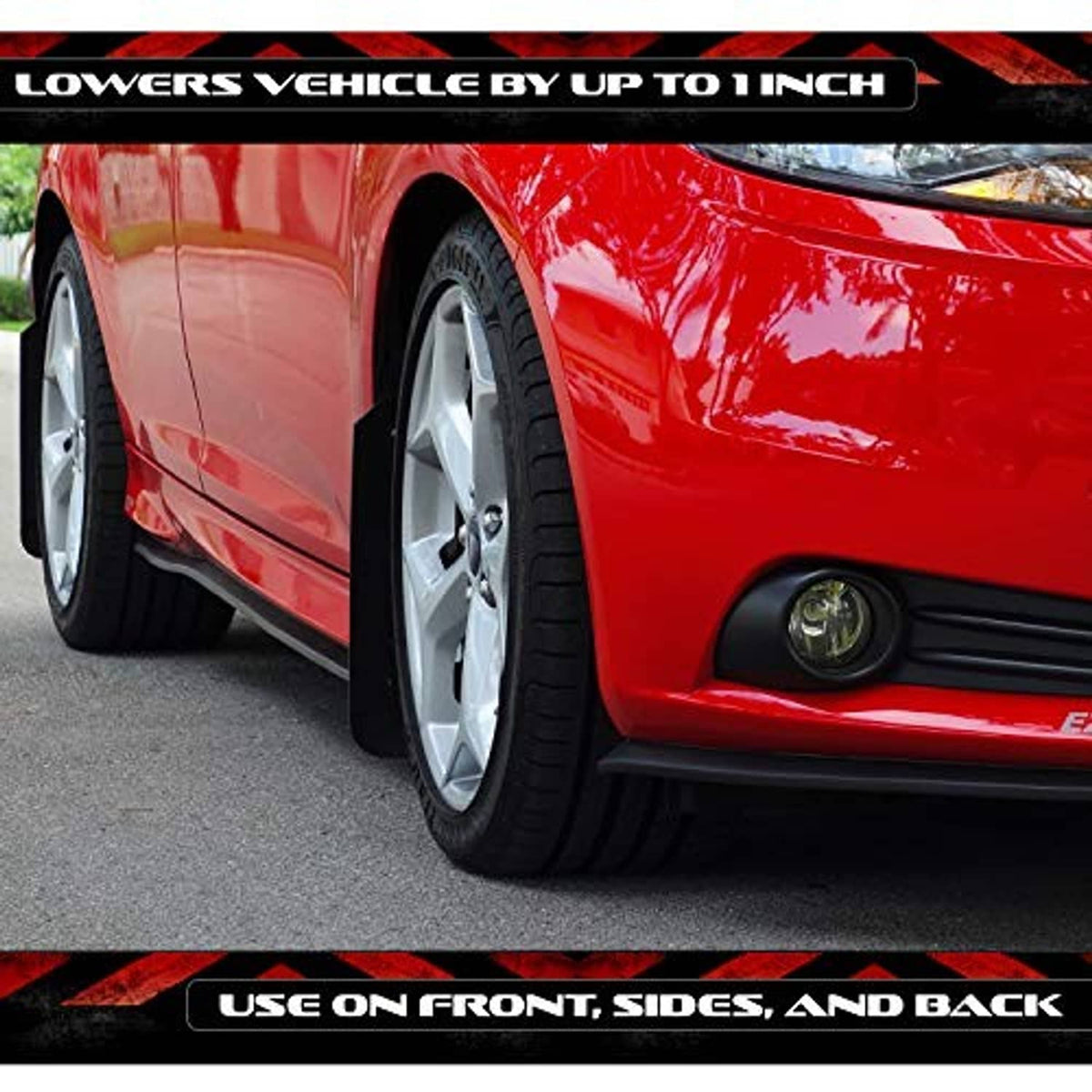 Black universal side skirt extension on a red car, near the front wheel