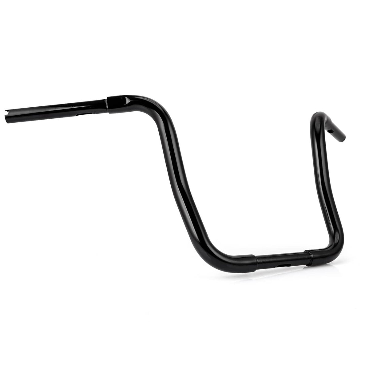 Black ape hanger handlebar with left and right grips ends, angled view