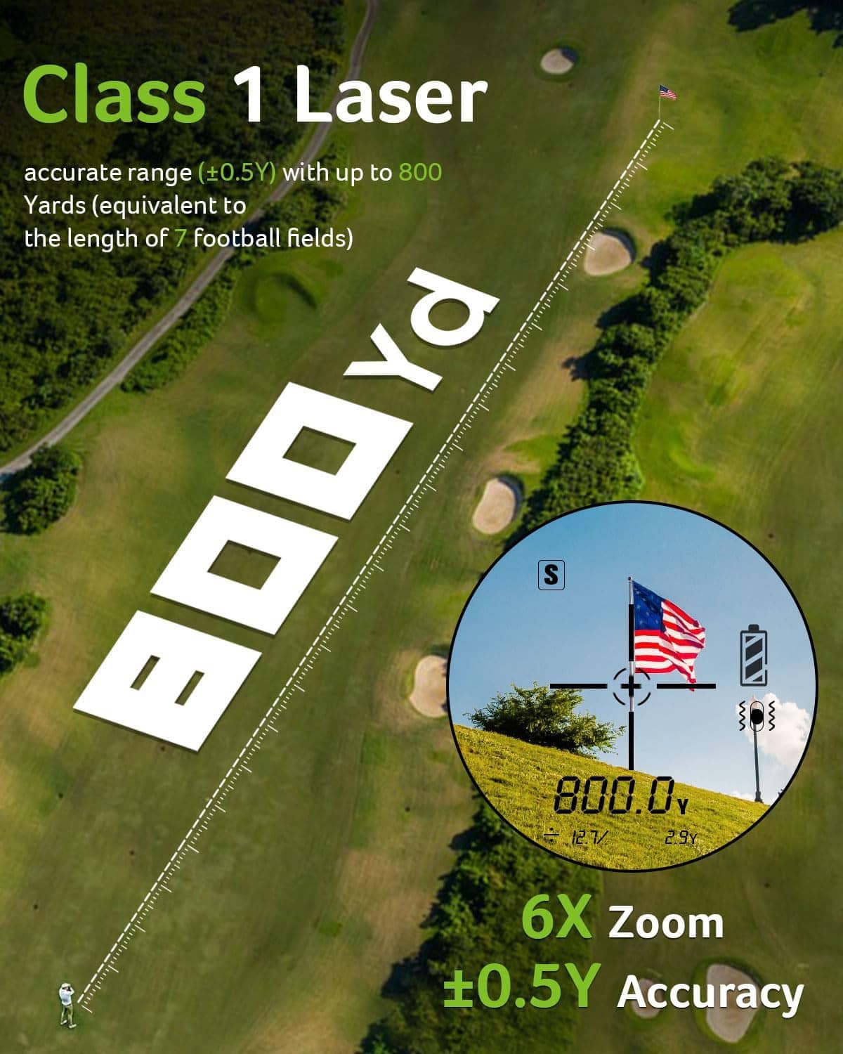 Rangefinder distance display circle with crosshair reticle over a landscape