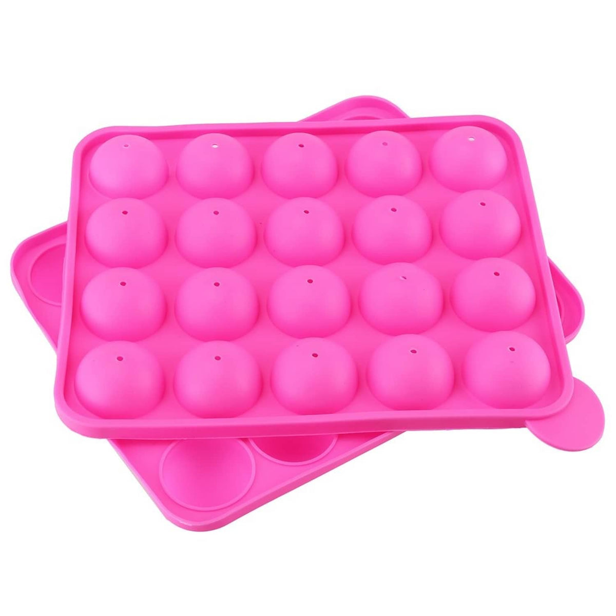 Pink silicone cake pop mold with 20 round cavities on a hinged base