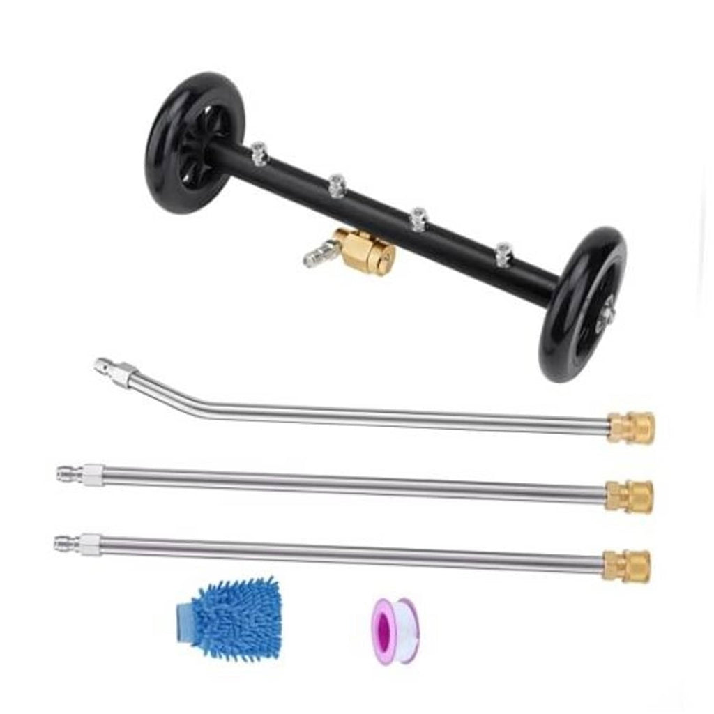 Black undercarriage cleaner kit with three extension rods, brass nozzles, brush and purple insert